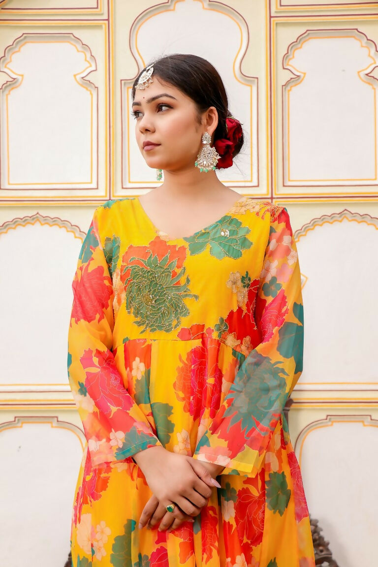Vaasva Women Mustard Organza Multi Floral Print & Embroidered Anarkali Kurta, Pant & Dupatta set | Grocsy