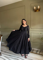 Lorenvalley Fashion Black Faux Georgette Lucknowi Sequence & Thread Work Anarkali Gown Pant with Dupatta | Grocsy