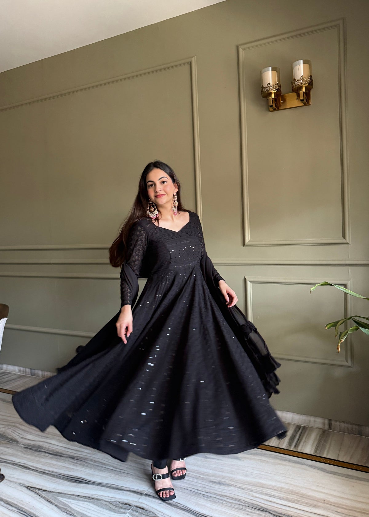Lorenvalley Fashion Black Faux Georgette Lucknowi Sequence & Thread Work Anarkali Gown Pant with Dupatta | Grocsy