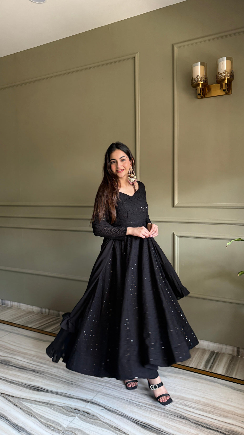 Lorenvalley Fashion Black Faux Georgette Lucknowi Sequence & Thread Work Anarkali Gown Pant with Dupatta | Grocsy