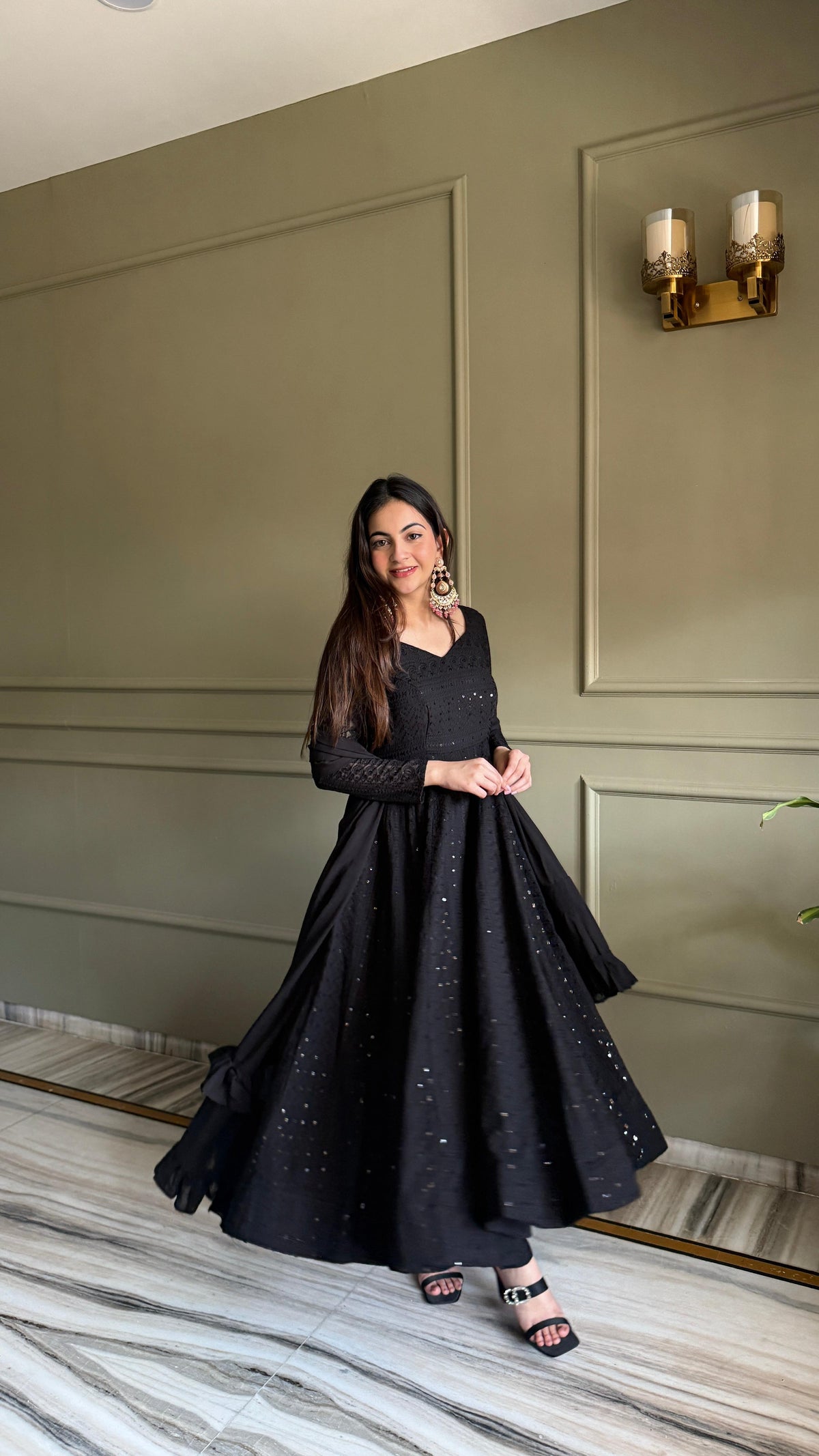 Lorenvalley Fashion Black Faux Georgette Lucknowi Sequence & Thread Work Anarkali Gown Pant with Dupatta | Grocsy
