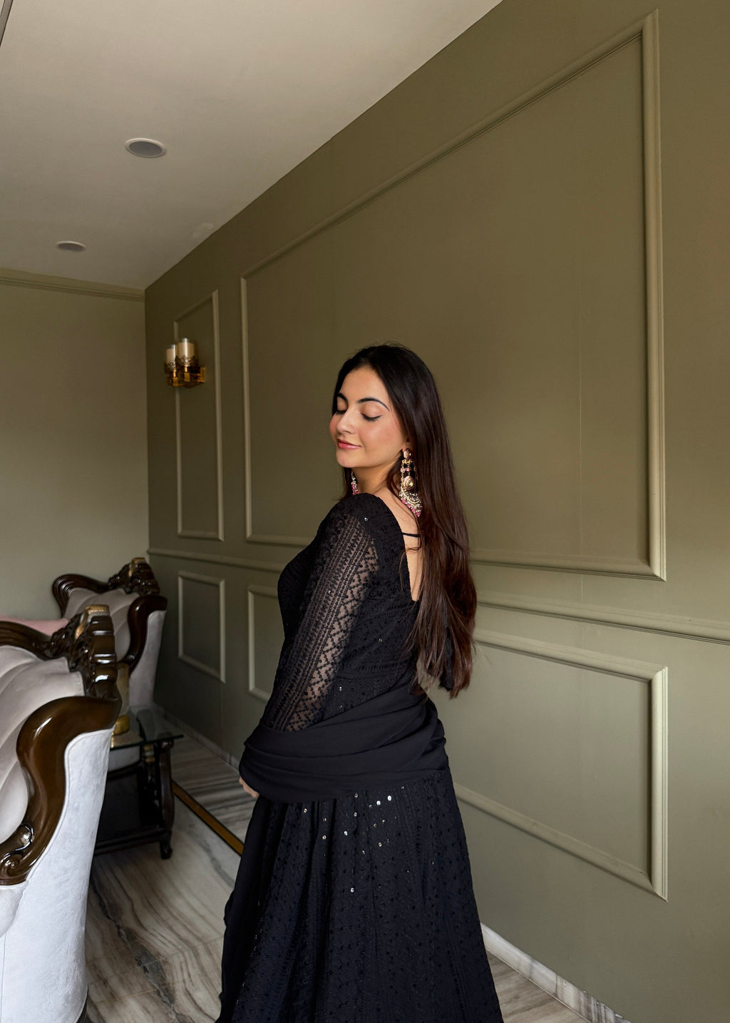 Lorenvalley Fashion Black Faux Georgette Lucknowi Sequence & Thread Work Anarkali Gown Pant with Dupatta | Grocsy