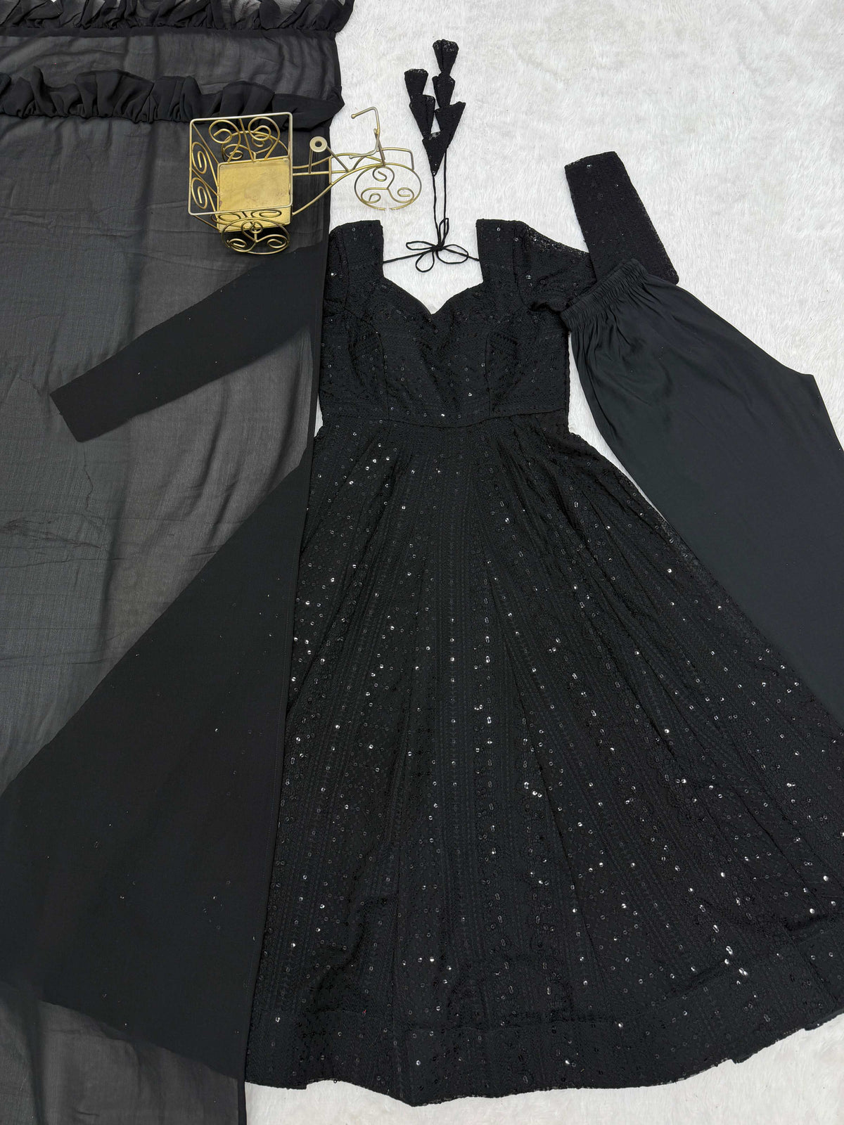 Lorenvalley Fashion Black Faux Georgette Lucknowi Sequence & Thread Work Anarkali Gown Pant with Dupatta | Grocsy