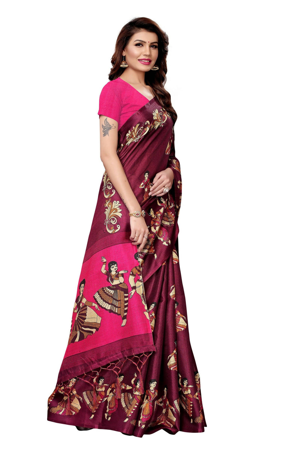 Vamika Wine Red & Pink Kalamkari With Jhalar Khadi Silk Saree | Grocsy