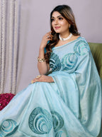Sky Blue Organza Crepe Printed Stone Work Saree - Norita Saumya | Grocsy