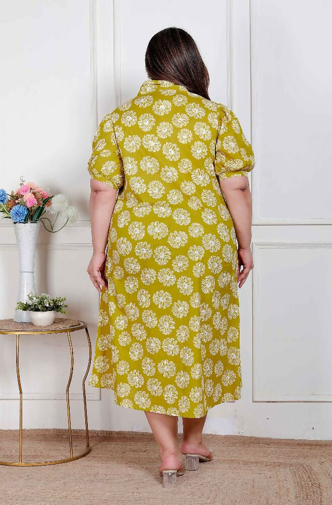 Miravan Plus Size Women'S Yellow Printed Puff Sleeve Floral Maxi Party Dress | Grocsy