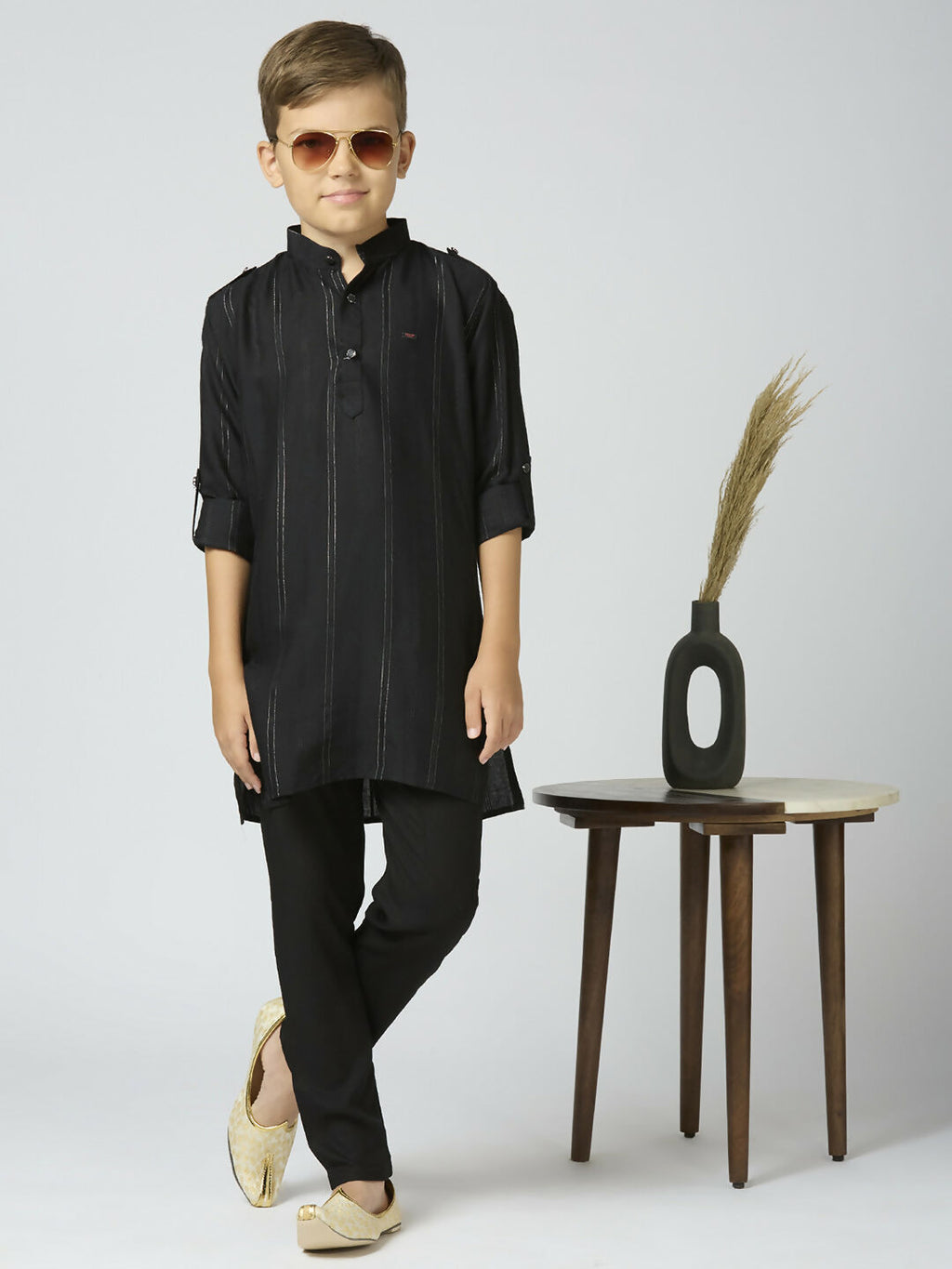 Joban Fashion Kids Island Full Sleeves Cotton Kurta and Pyjama Set with Strip - Black | Grocsy