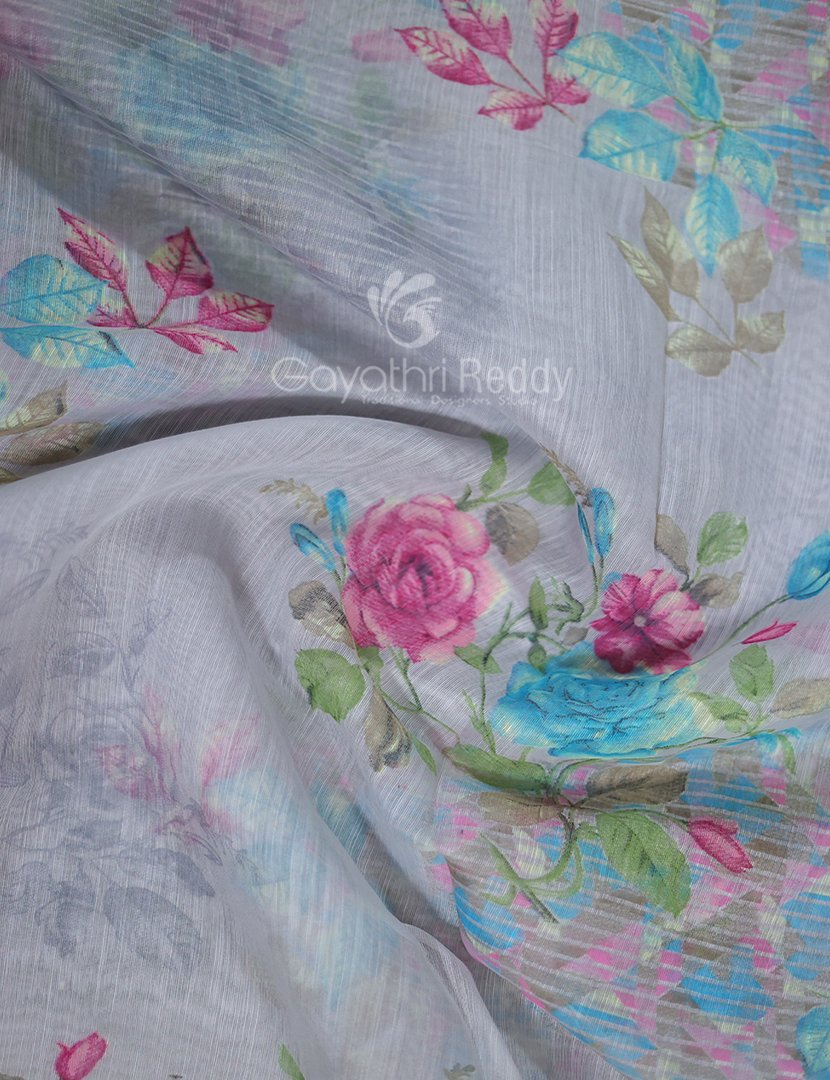 Shades of Light Grey With Floral Print Semi Chanderi Saree By Gayathri Reddy Designer Studio | Grocsy