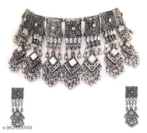 Tehzeeb Creations Women's Silver Colour Oxidised Necklace Set With Mirror Work | Grocsy