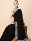 Sangria Black & Silver-Toned Embellished Sequinned Pure Georgette Saree | Grocsy