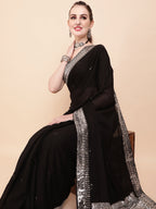 Sangria Black & Silver-Toned Embellished Sequinned Pure Georgette Saree | Grocsy