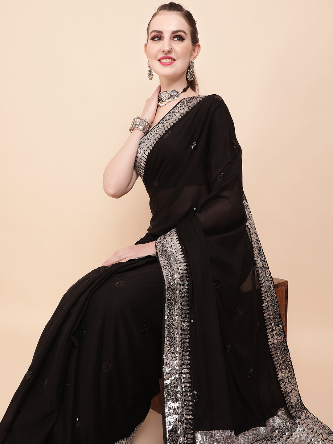 Sangria Black & Silver-Toned Embellished Sequinned Pure Georgette Saree | Grocsy