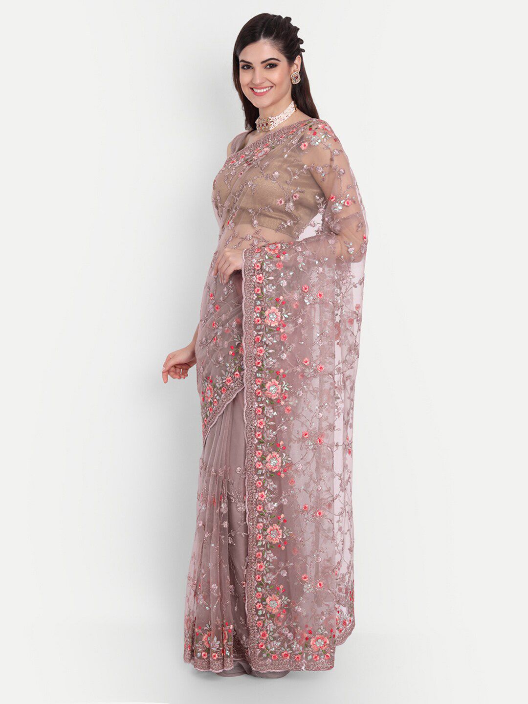 kasee Lavender & Peach-Coloured Floral Embroidered Net Saree | Grocsy