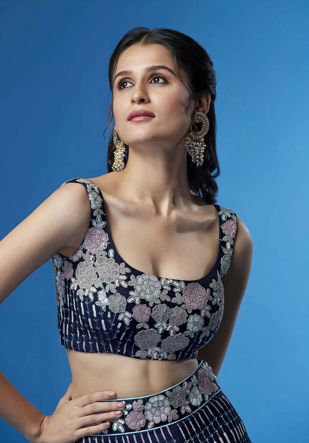 House of Panchhi Navy Blue Color Georgette Multi-Sequins Work Lehenga | Grocsy