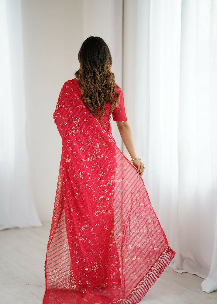 PR Fashion Red Georgette Patta Plain With Foil Work And Small Lace And Zalar Lace Saree | Grocsy