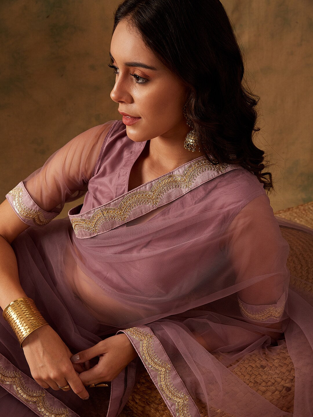 Sangria Mauve Zari Embroidered and Sequinned Net Saree | Grocsy