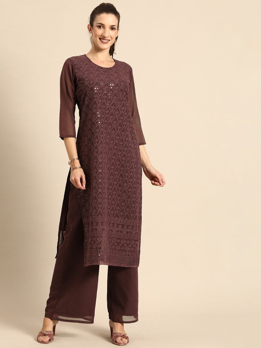 All About You Women Brown Ethnic Motifs Embroidered Regular Chikankari Kurta with Palazzos | Grocsy