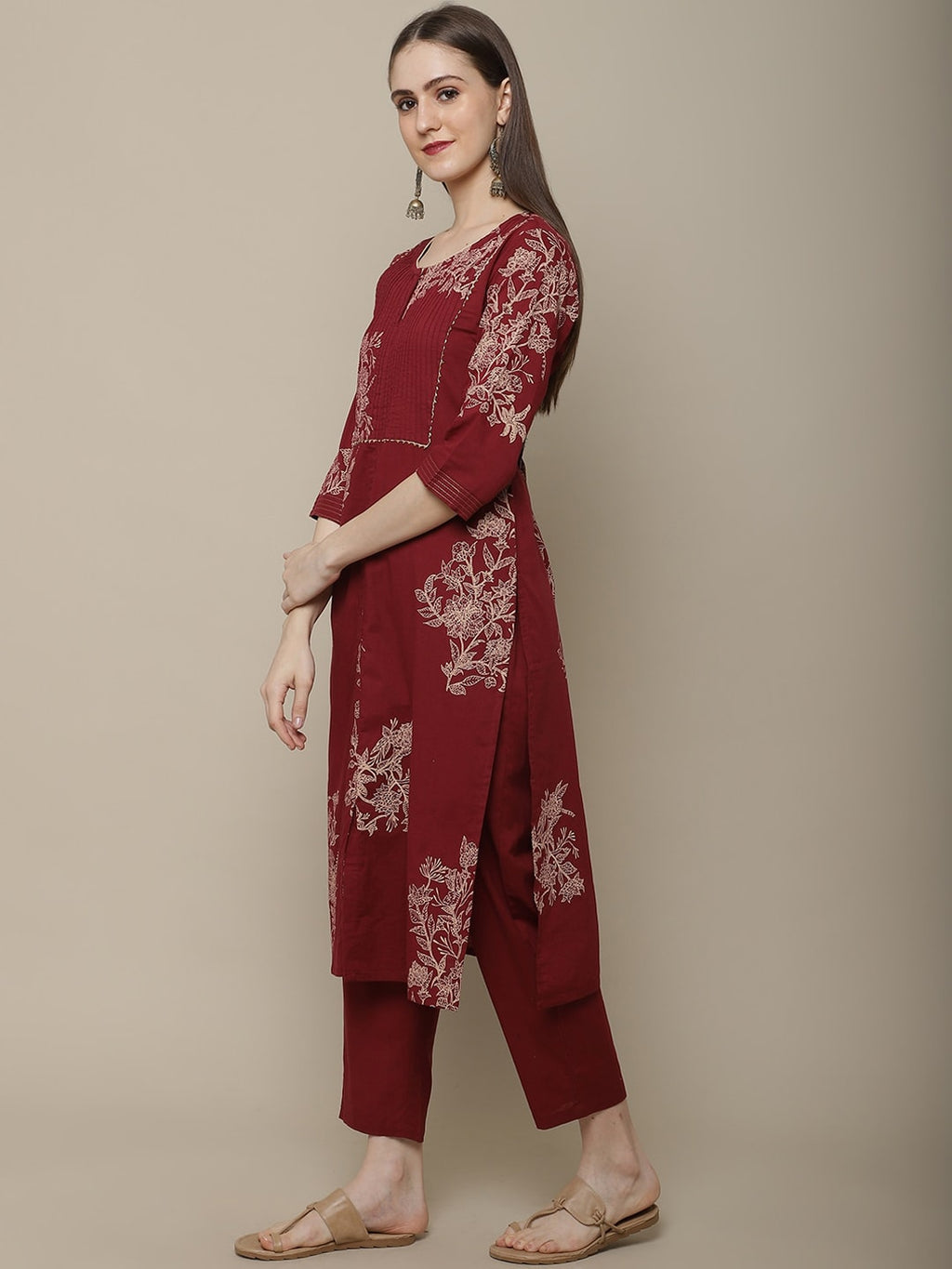 Sangria Women Maroon Floral Printed Pure Cotton Straight Kurta with Trousers | Grocsy