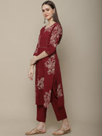 Sangria Women Maroon Floral Printed Pure Cotton Straight Kurta with Trousers | Grocsy