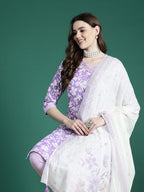 Sangria Floral Printed Angrakha Thread Work Pure Cotton Kurta with Trousers & With Dupatta | Grocsy