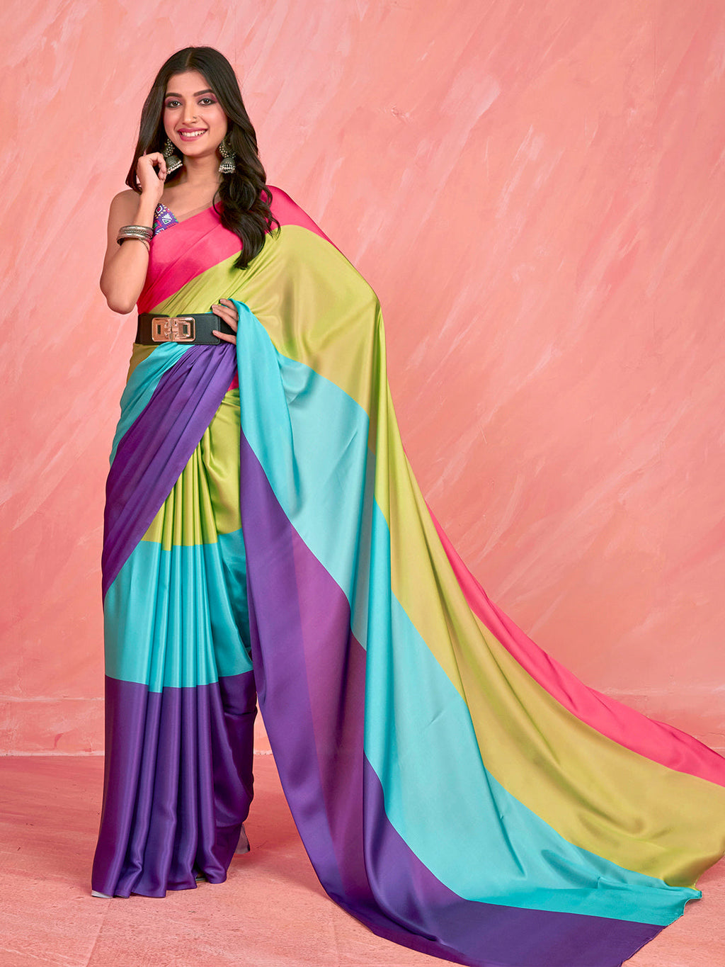 Sangria Colourblocked Satin Saree | Grocsy
