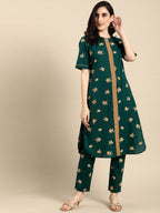 All About You Women Green & Brown Floral Printed Regular Pure Cotton Kurta with Trousers | Grocsy