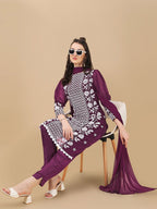 HERE&NOW Floral Embroidered Chikankari Kurta with Trousers & Dupatta | Grocsy