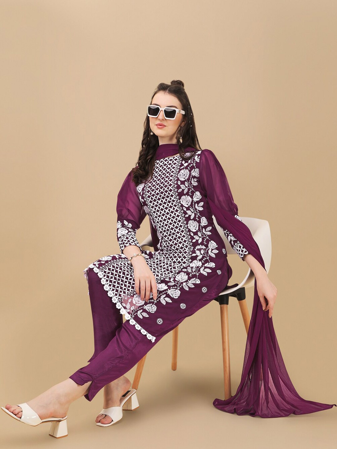 HERE&NOW Floral Embroidered Chikankari Kurta with Trousers & Dupatta | Grocsy