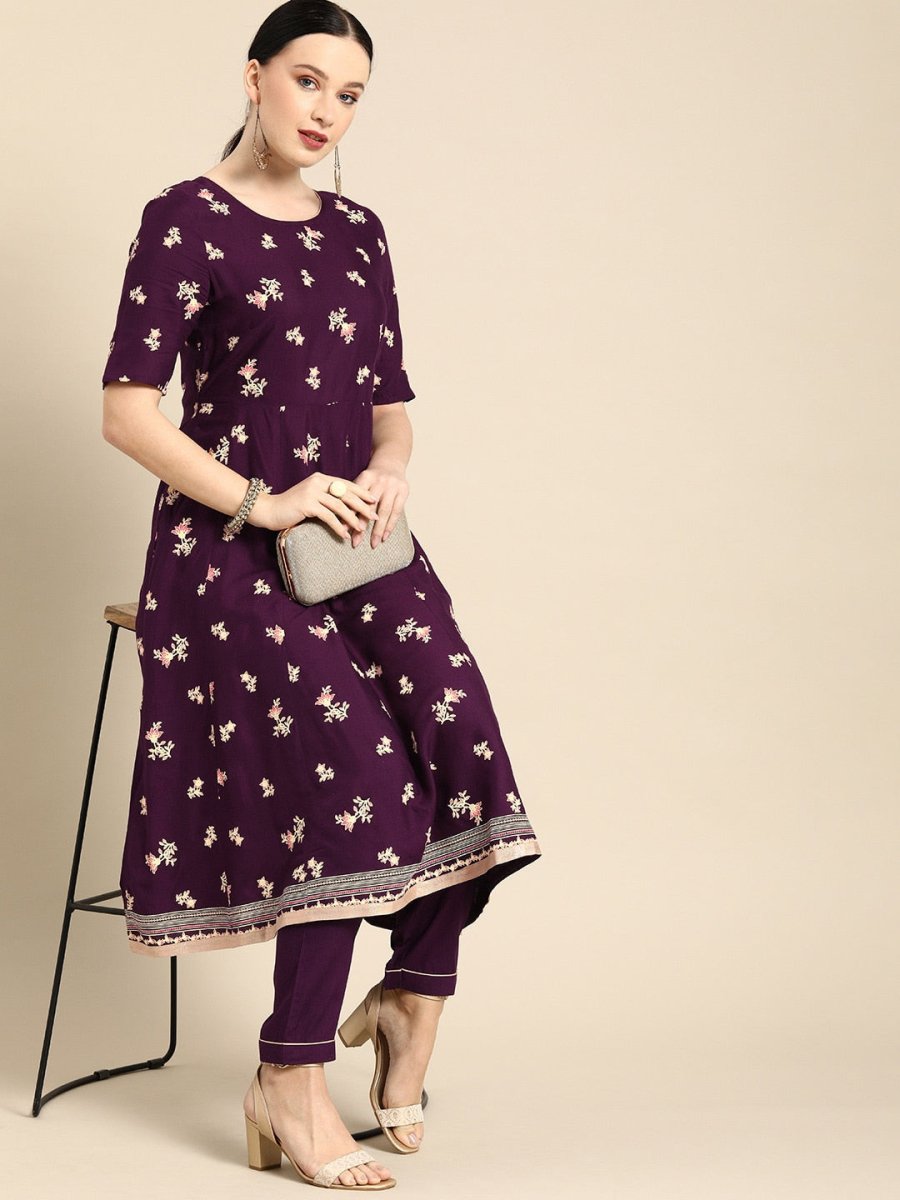 All About You Women Purple Floral Print Regular Kurta with Trousers | Grocsy