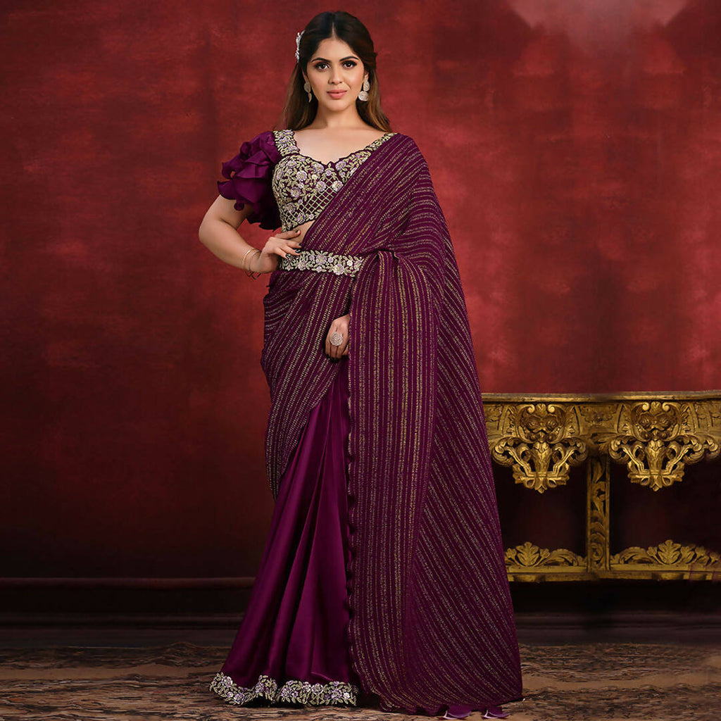 Magenta Crepe Satin Silk Sequence Thread & Stone Work/ Texture Pallu Saree - Mohmanthan Kimiya | Grocsy