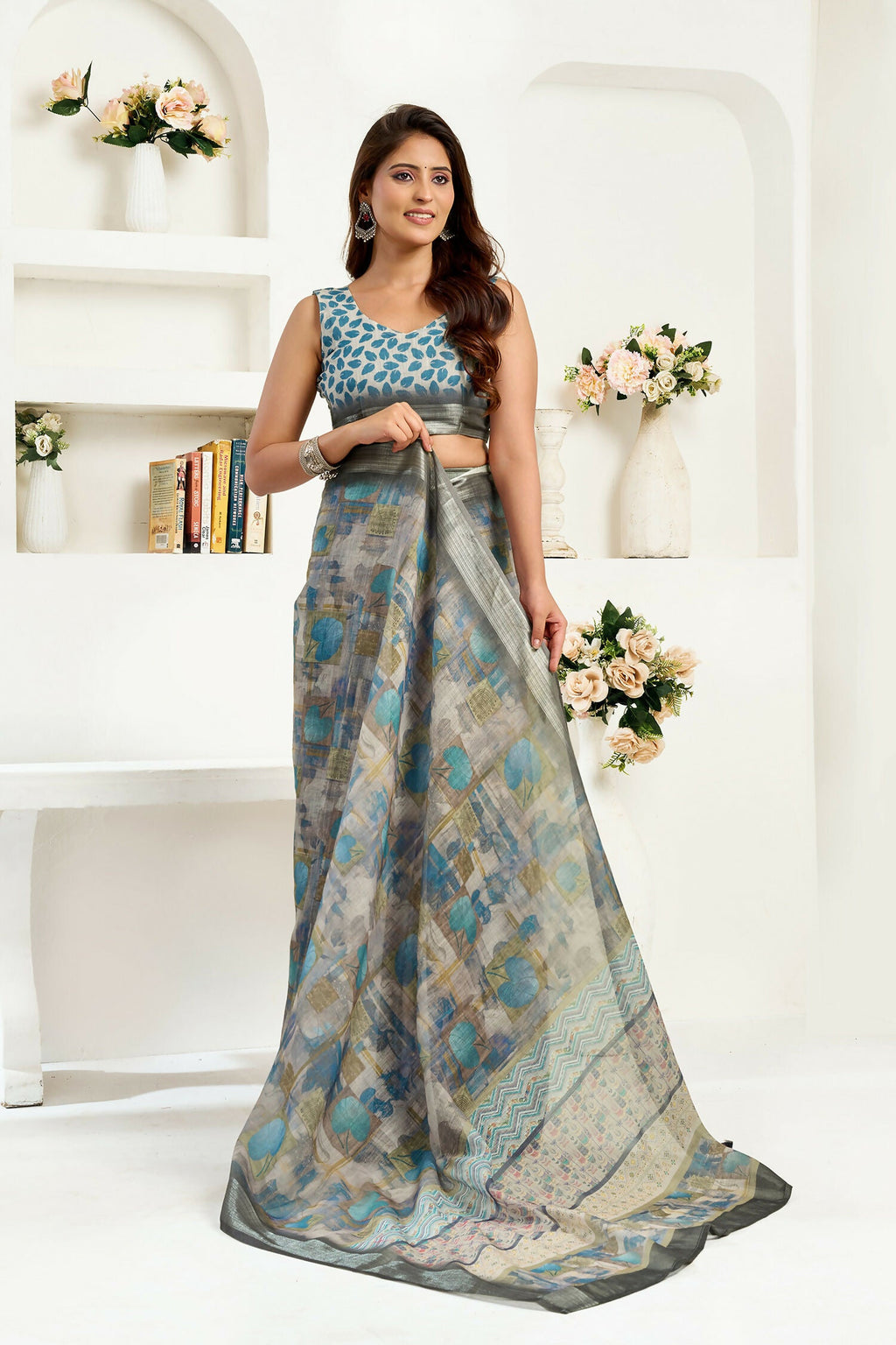 Joban Fashion  Dusty Brown Floral & Ethnic Motifs Linen Ready To Wear Saree With Unstitched Blouse | Grocsy