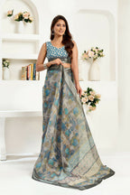 Joban Fashion  Dusty Brown Floral & Ethnic Motifs Linen Ready To Wear Saree With Unstitched Blouse | Grocsy