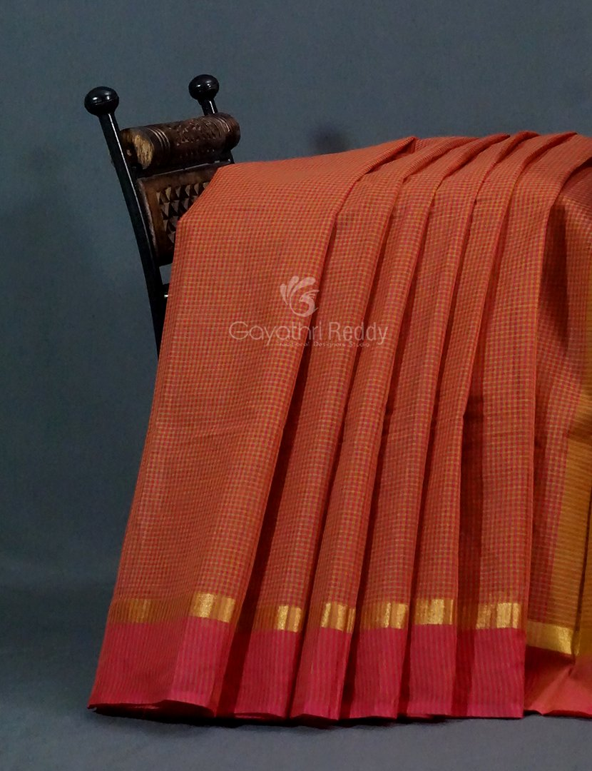 Dual Shades of Tomato Red Pure Magalgiri Cotton Saree By Gayathri Reddy Designer Studio | Grocsy