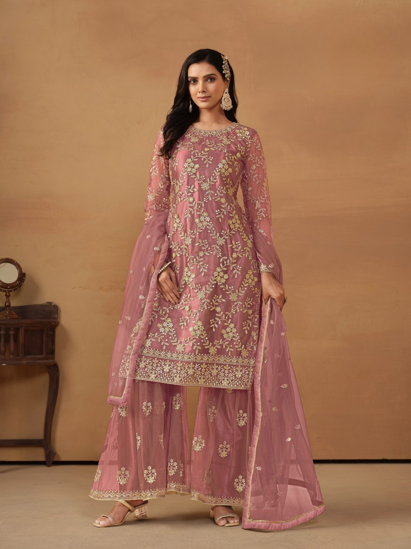 Anaita Pink Embroidered Net Salwar Suit | Grocsy