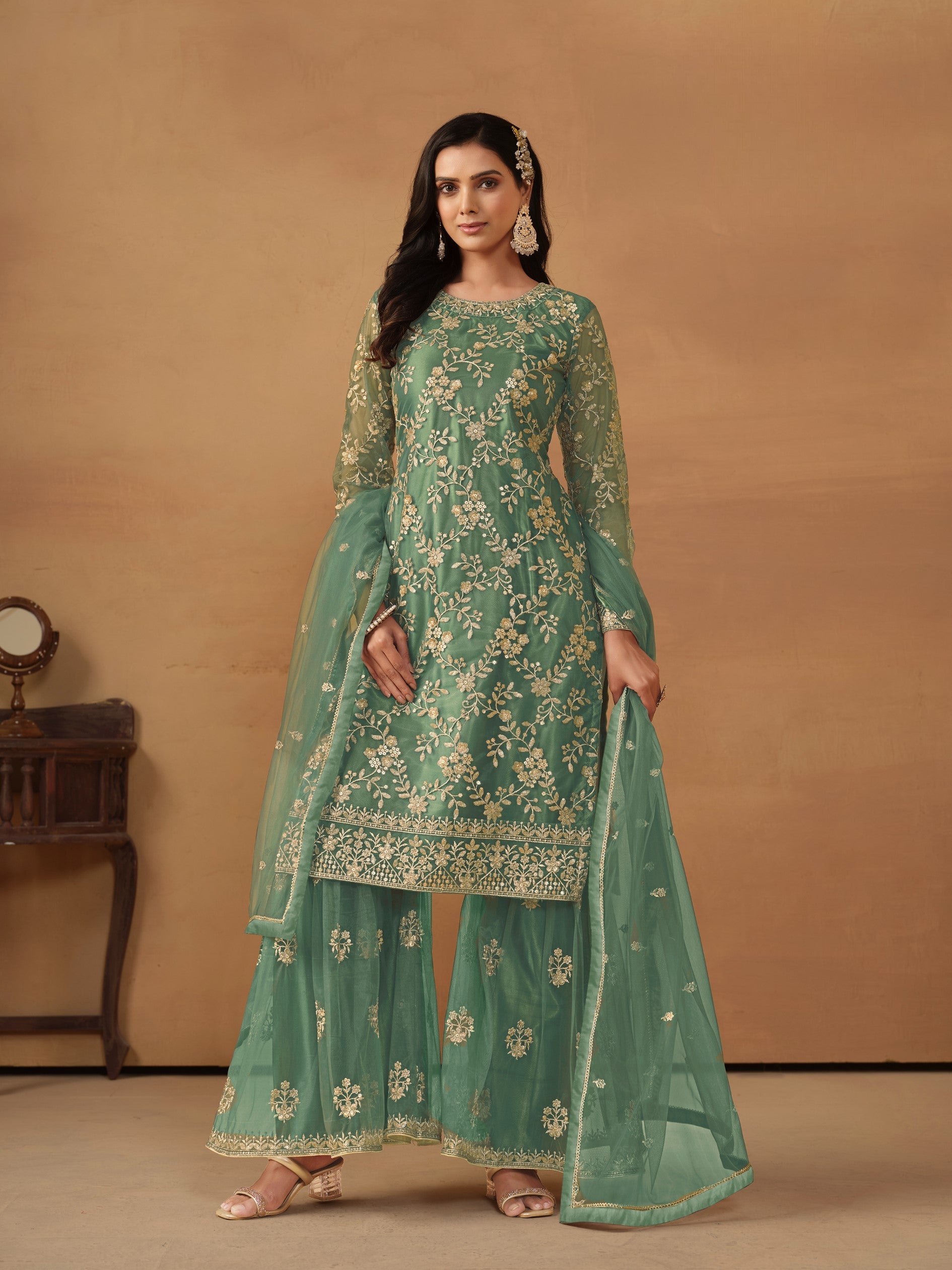 Anaita Green Embroidered Net Salwar Suit | Grocsy