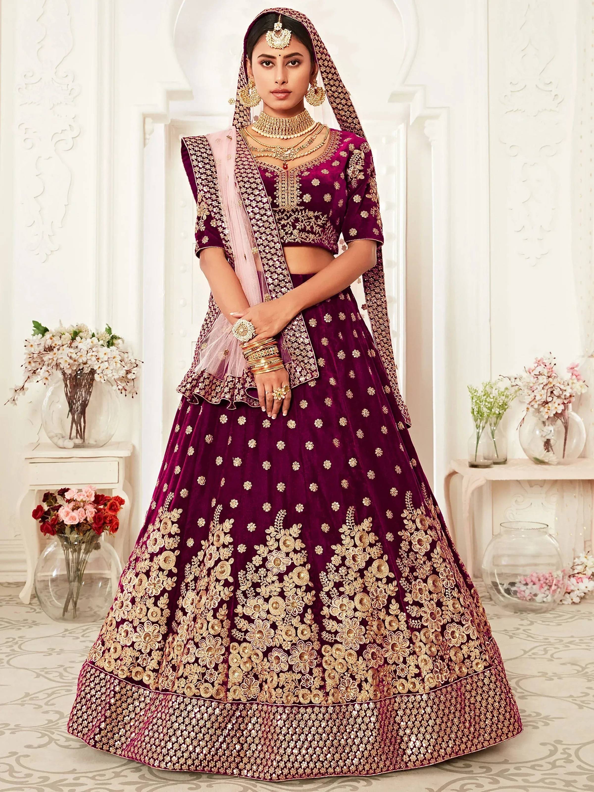 Tulsi Art Purple Zari Embroidered Bridal Lehenga Choli | Grocsy