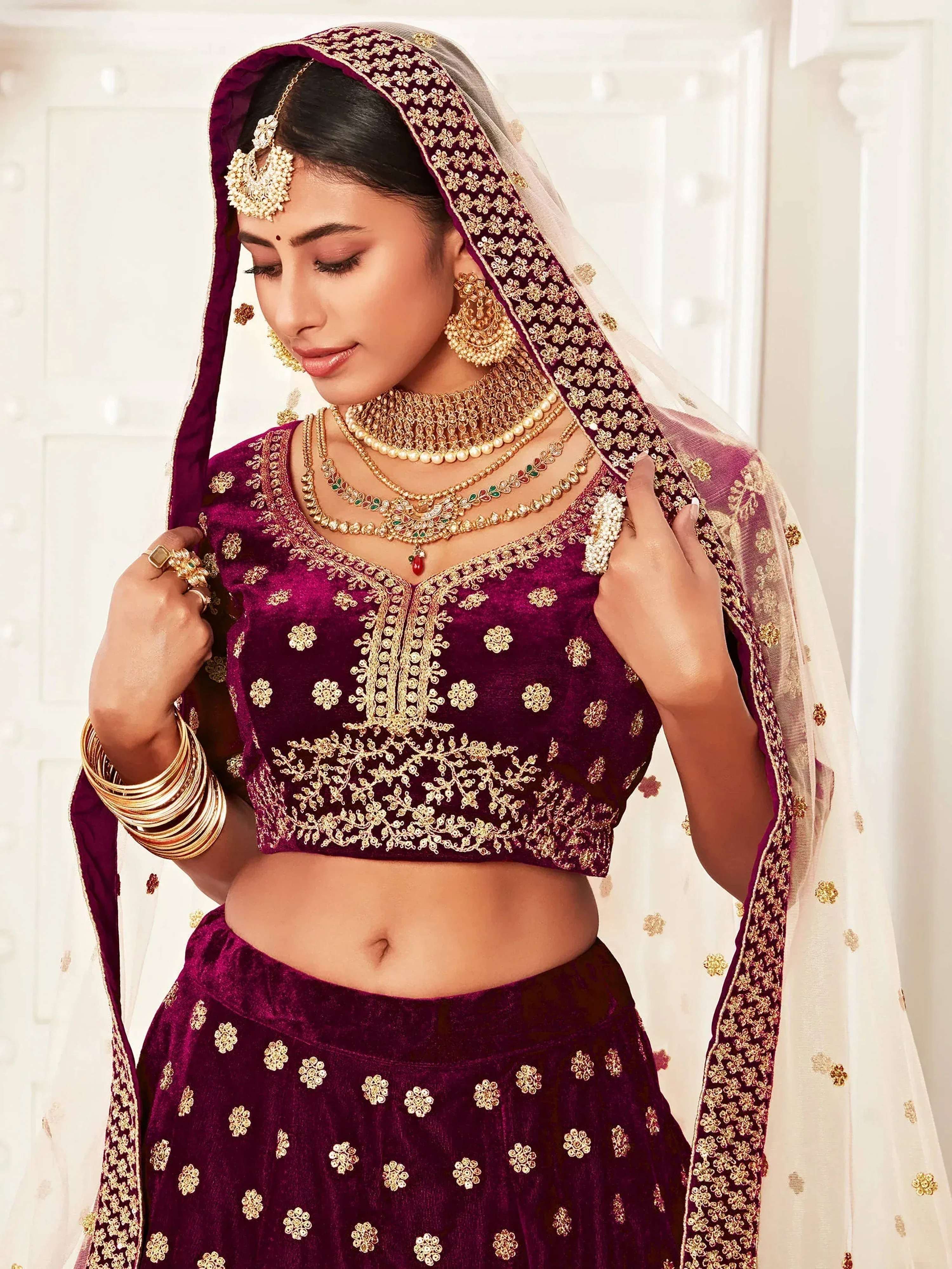 Tulsi Art Purple Zari Embroidered Bridal Lehenga Choli | Grocsy