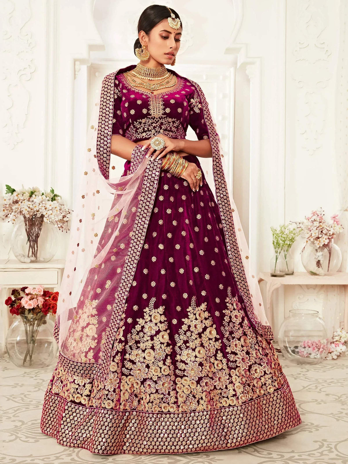 Tulsi Art Purple Zari Embroidered Bridal Lehenga Choli | Grocsy