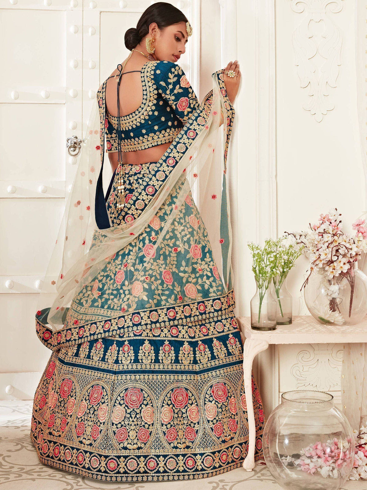 Tulsi Art Blue Rose Embroidered Silk Bridal Lehenga Choli | Grocsy