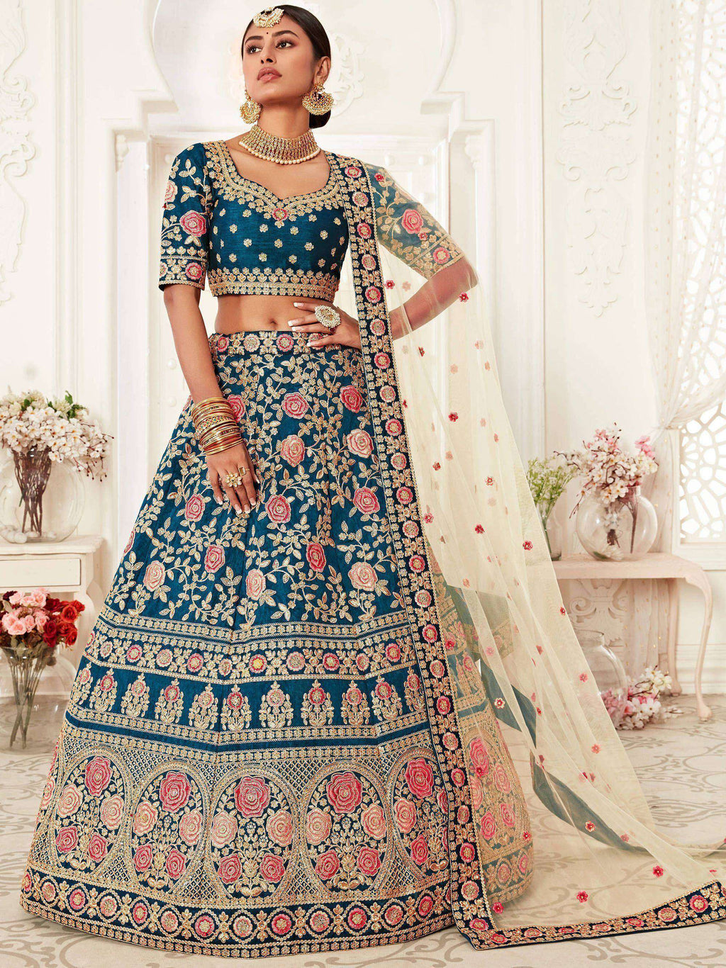 Tulsi Art Blue Rose Embroidered Silk Bridal Lehenga Choli | Grocsy