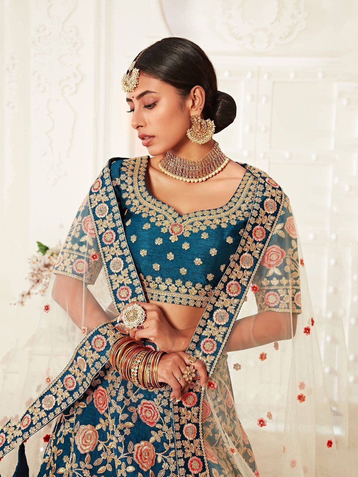 Tulsi Art Blue Rose Embroidered Silk Bridal Lehenga Choli | Grocsy