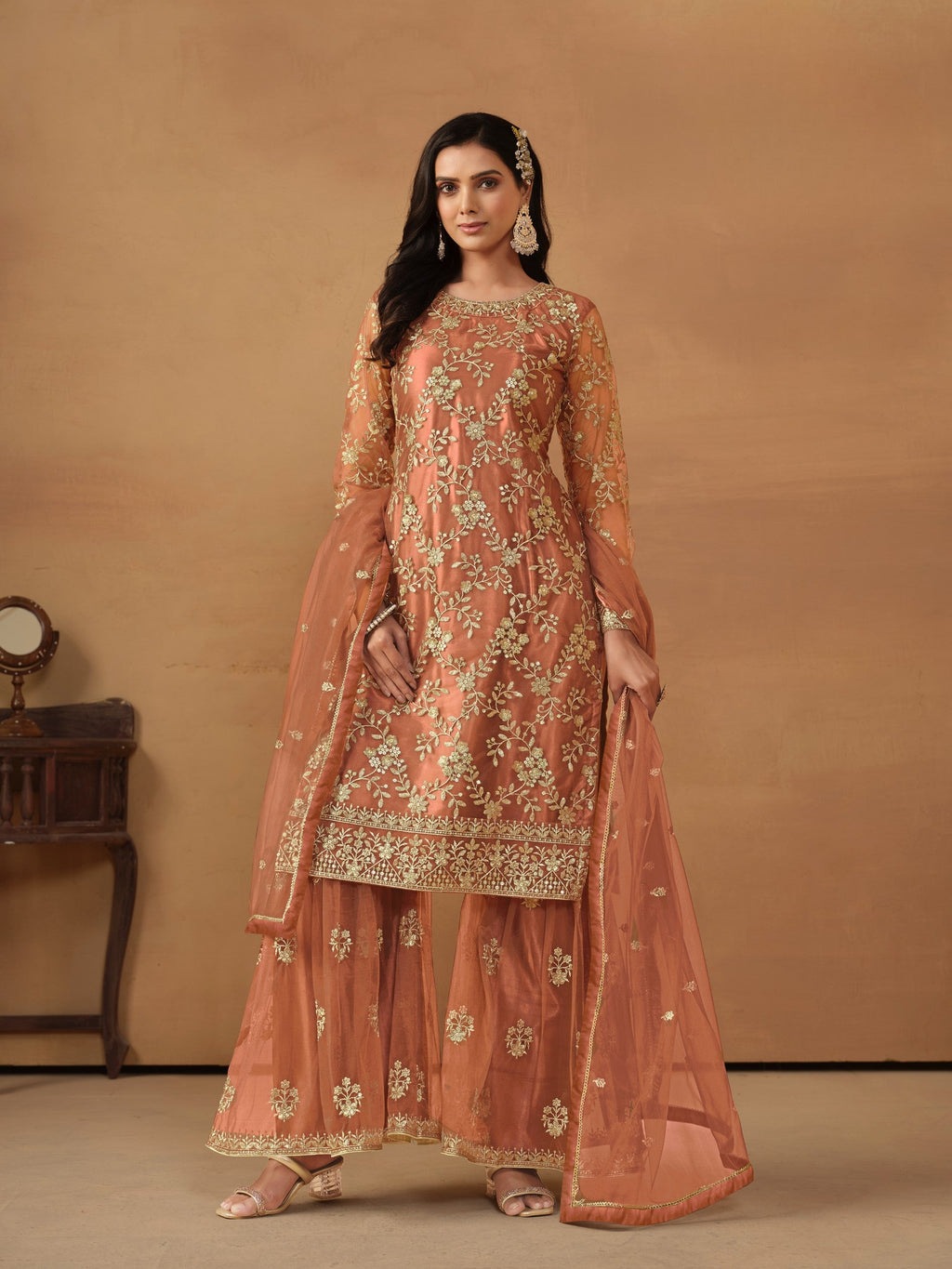 Anaita Brown Embroidered Net Salwar Suit | Grocsy