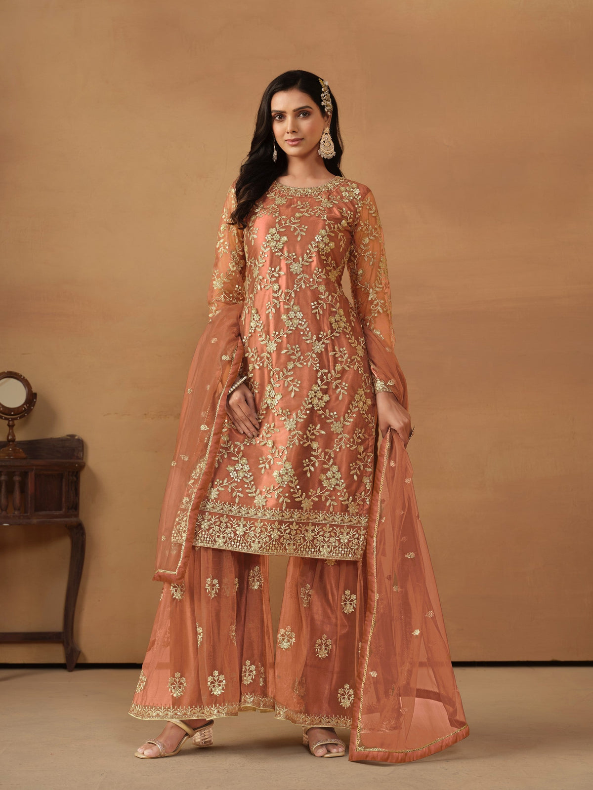 Anaita Brown Embroidered Net Salwar Suit | Grocsy