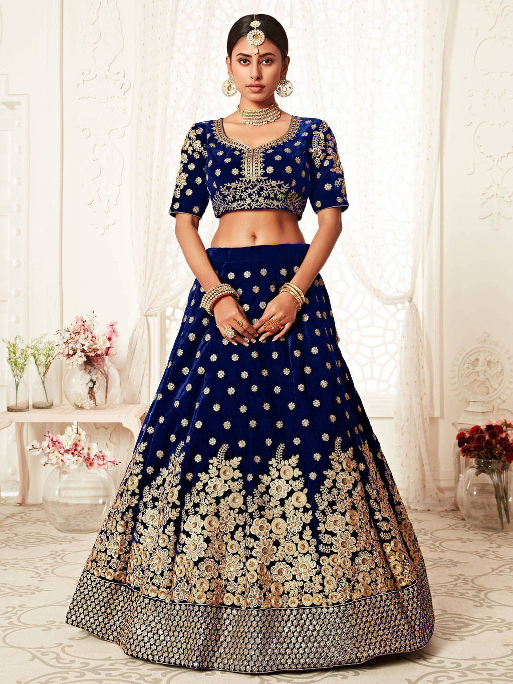 Tulsi Art Navy Blue Thread Embroidered Bridal Lehenga Choli | Grocsy