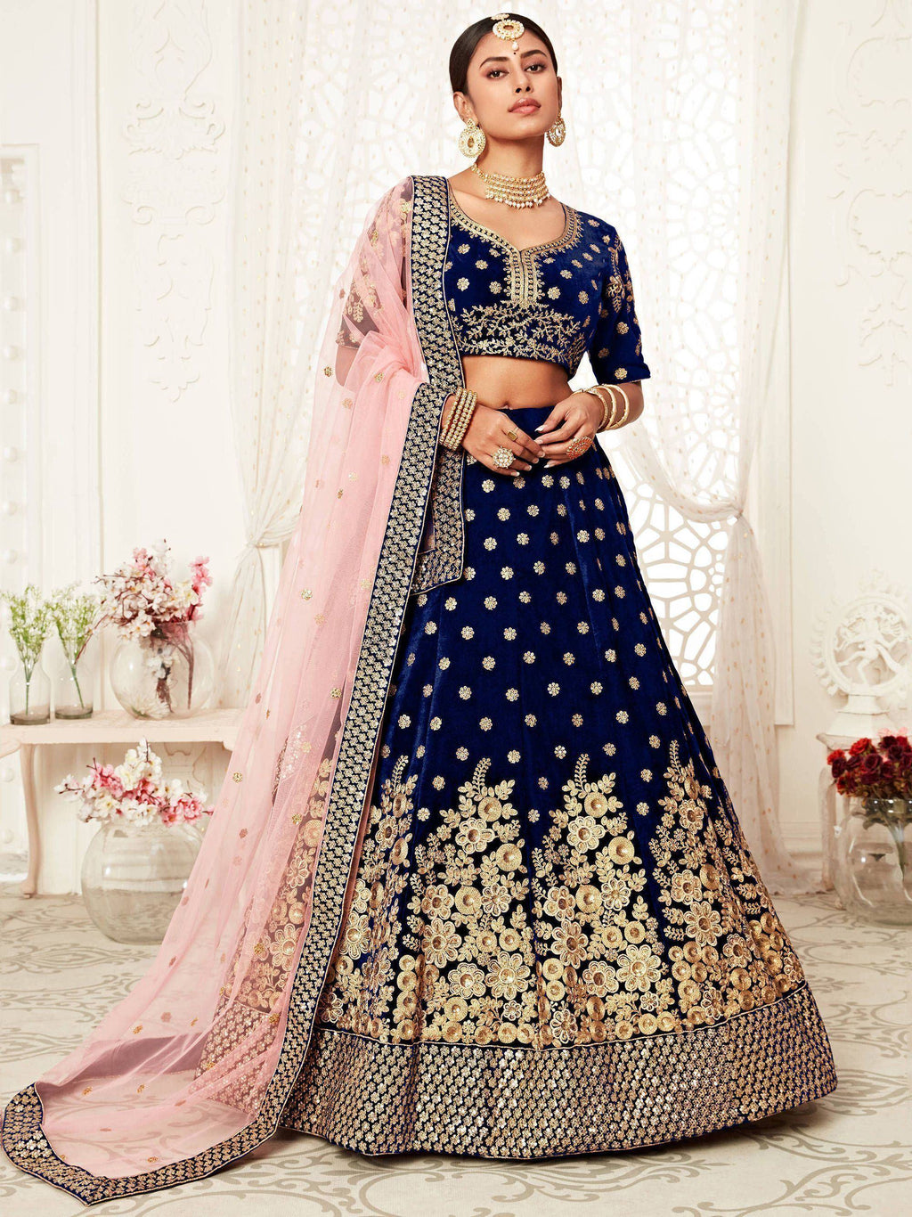 Tulsi Art Navy Blue Thread Embroidered Bridal Lehenga Choli | Grocsy