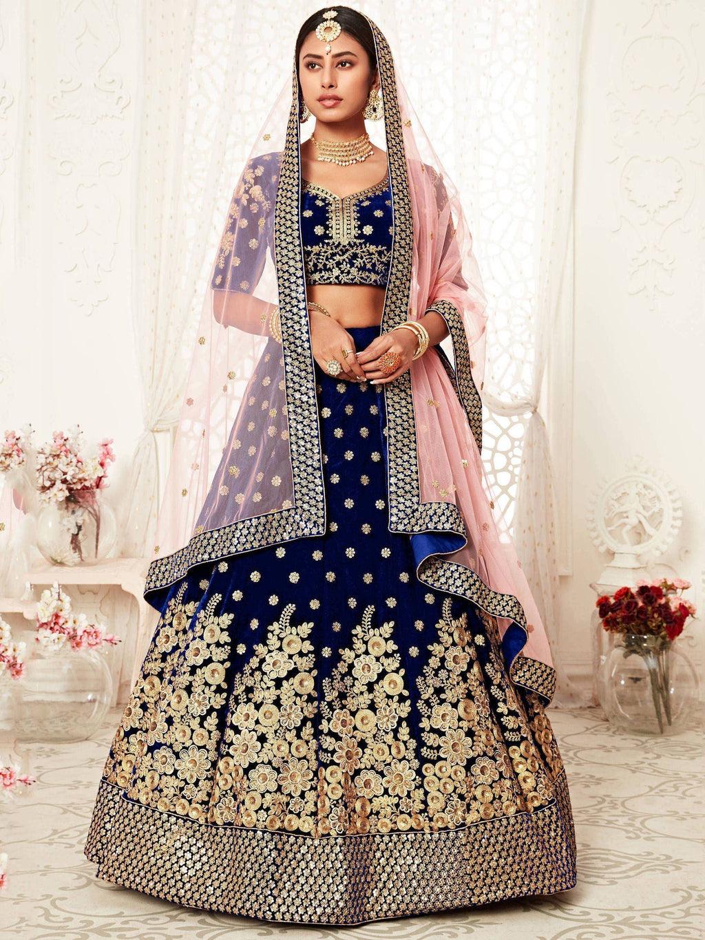 Tulsi Art Navy Blue Thread Embroidered Bridal Lehenga Choli | Grocsy