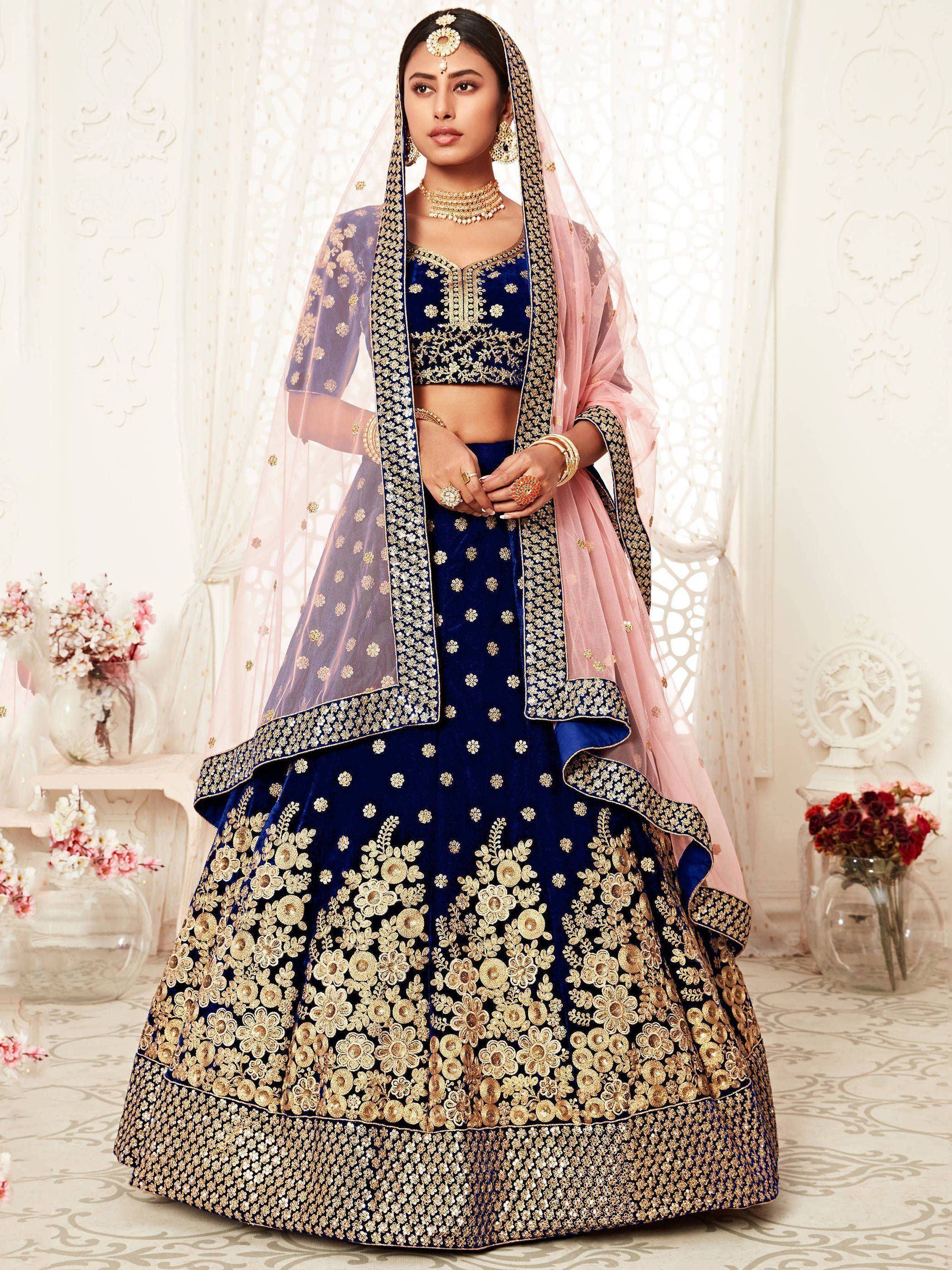 Tulsi Art Navy Blue Thread Embroidered Bridal Lehenga Choli | Grocsy