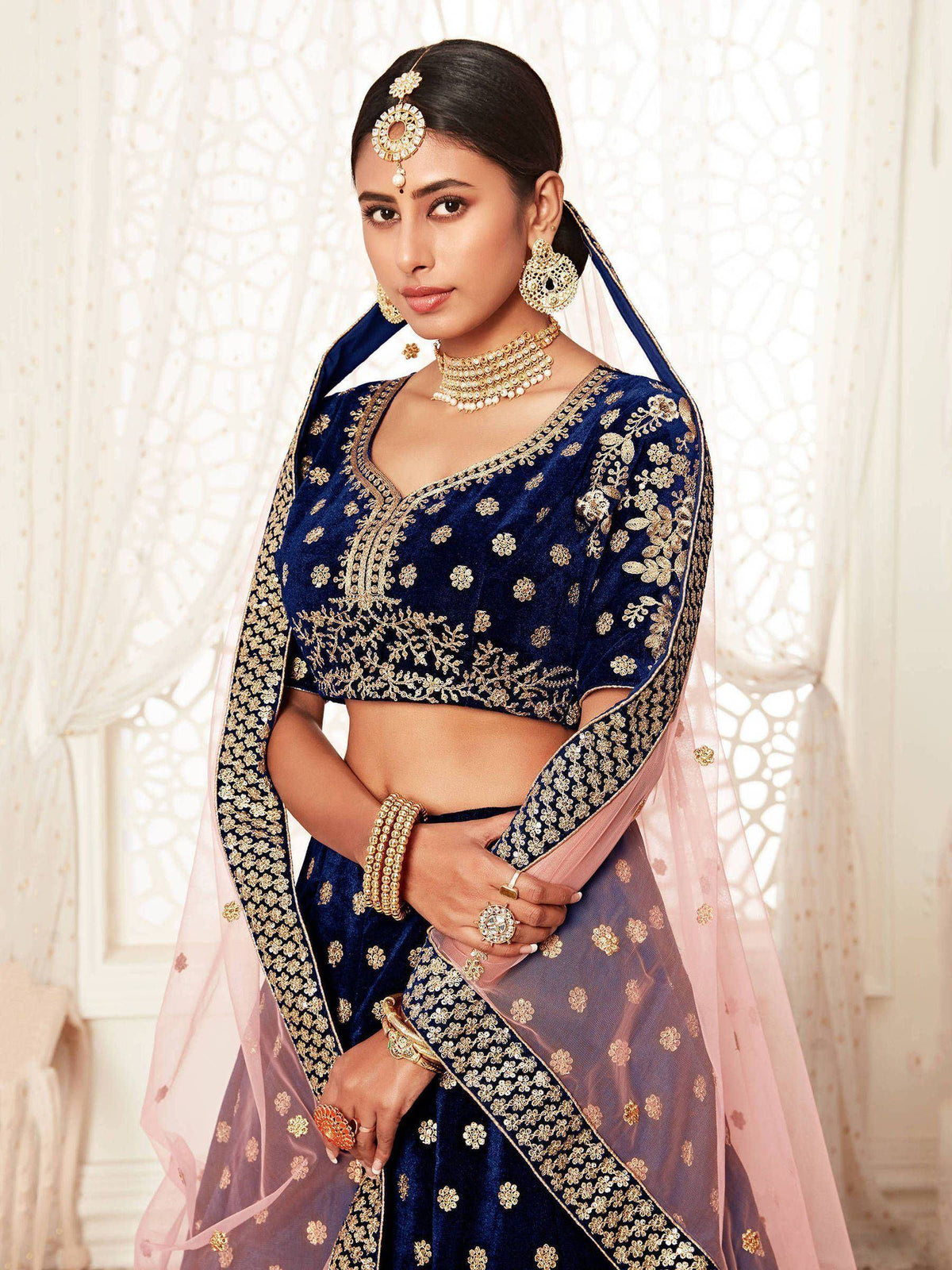 Tulsi Art Navy Blue Thread Embroidered Bridal Lehenga Choli | Grocsy