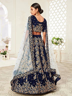 Tulsi Art Navy Blue Embroidered Velvet Wedding Lehenga Choli | Grocsy