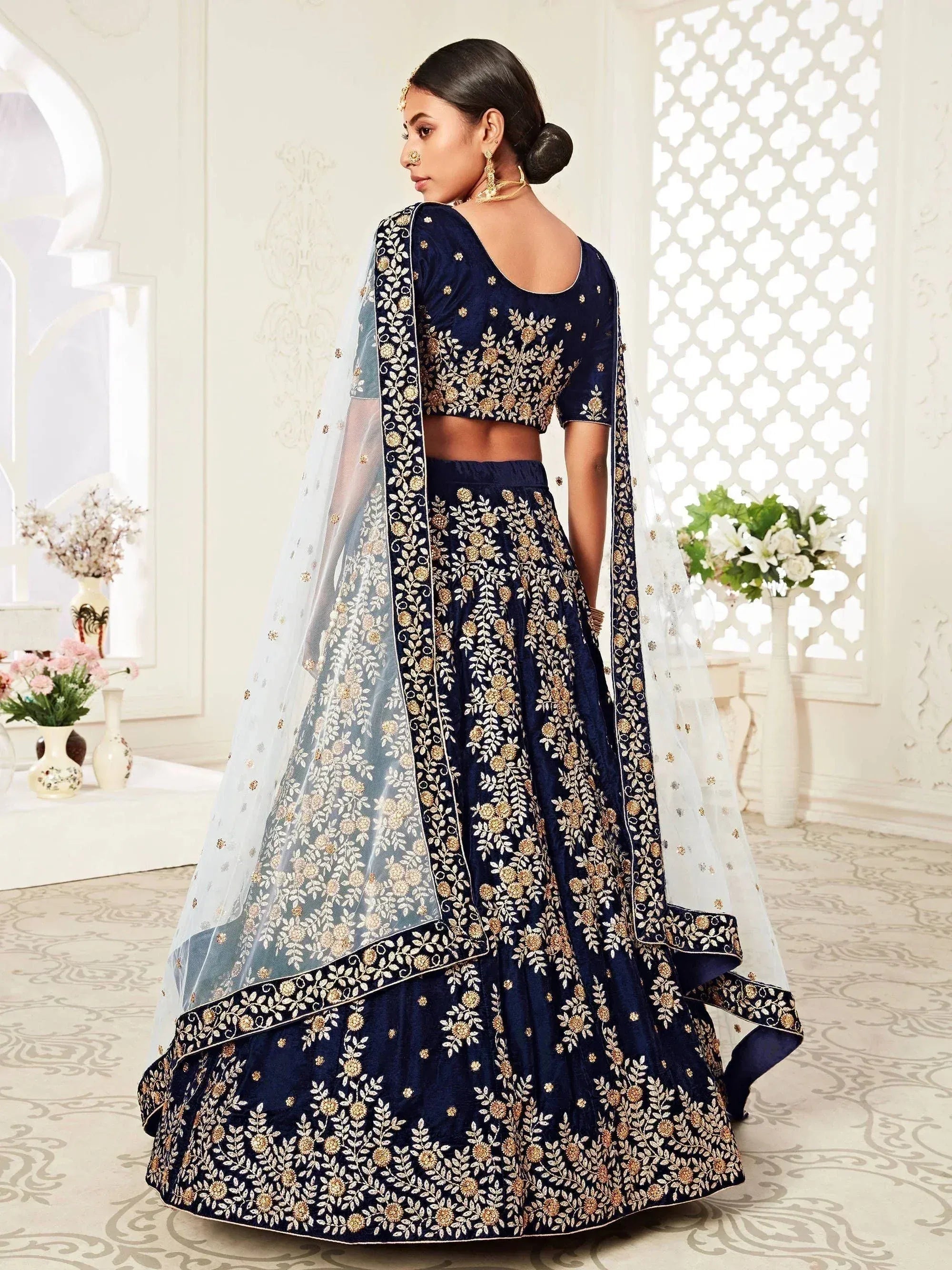 Tulsi Art Navy Blue Embroidered Velvet Wedding Lehenga Choli | Grocsy